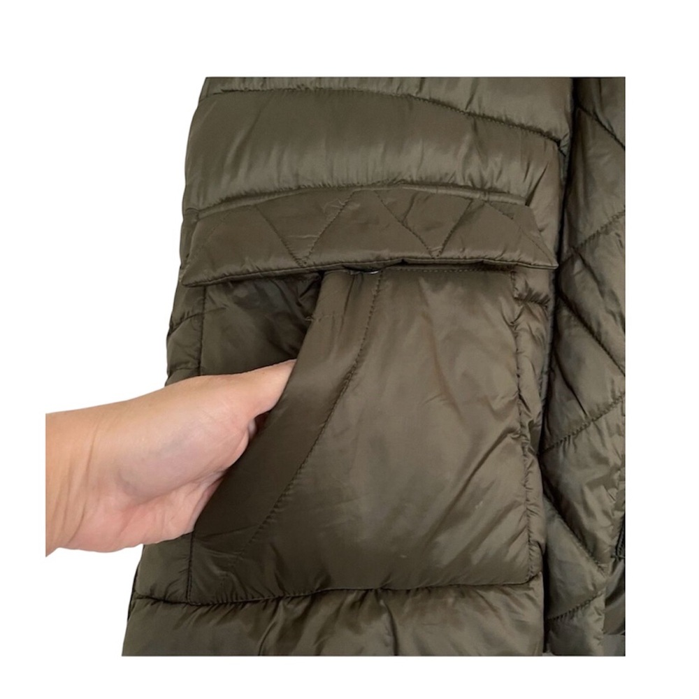 Zella Longline Hooded Zip Up Belted Puffer Vest Olive Green Women’s Sz XXS - Picture 5 of 14